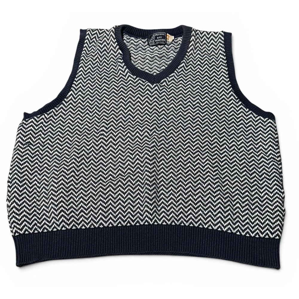 Vintage Peconic Bay Traders Sweater Vest XL Navy White Chevron Knit V Neck